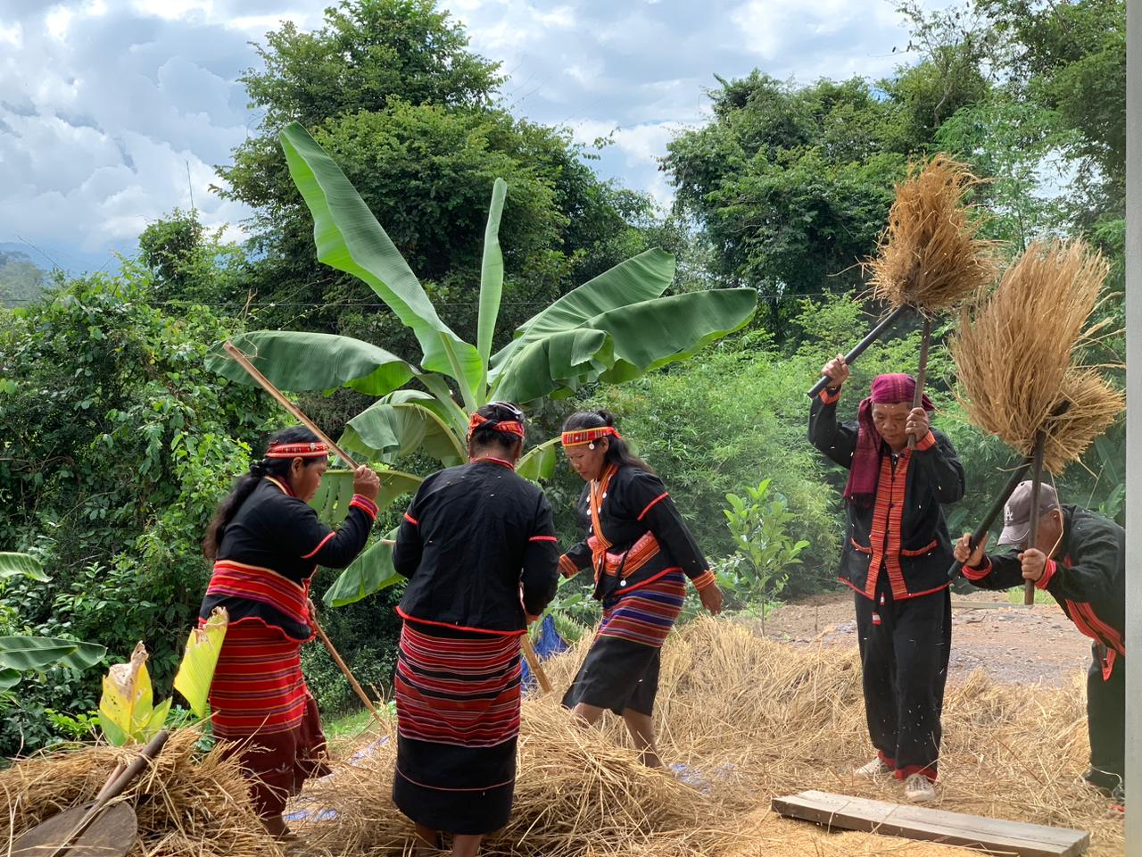 Group of people in traditional attire working with straw in a lush green outdoor settings
