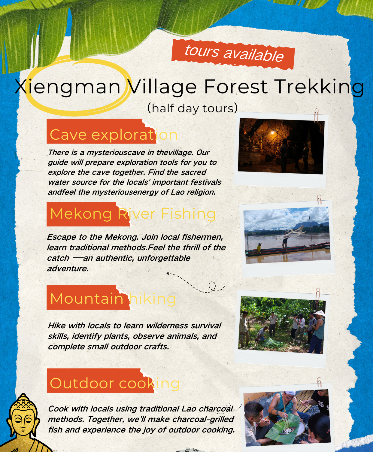 Promotional flyer for Xiengman Village Forest Trekking with activities listed and contact information.
