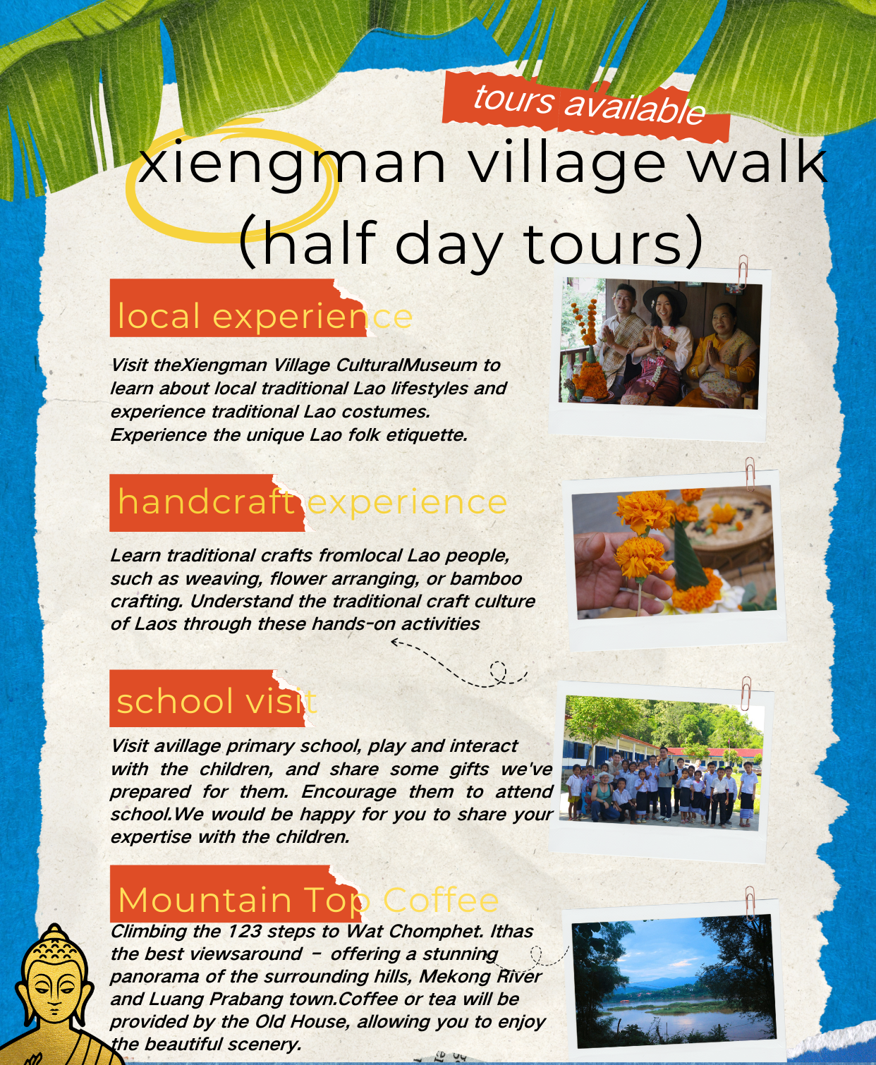 Promotional flyer for Xiengman village walk tours with text and images of activities.
